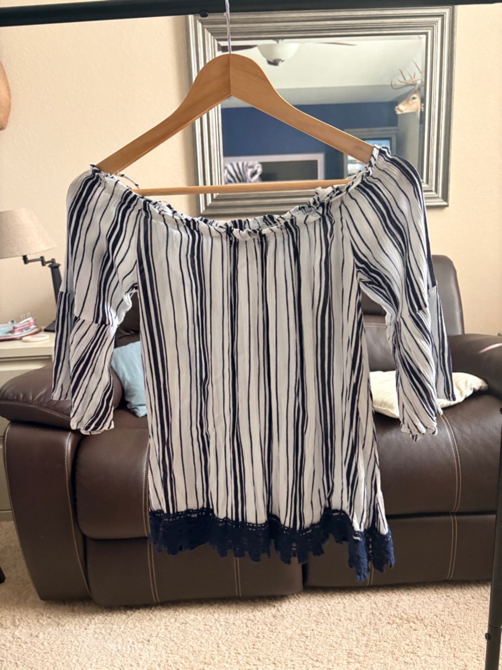 Almost Famous White & Navy Striped Off-Shoulder Tunic with Lace Hem